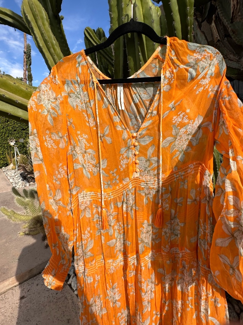 by Anthropologie Bright Orange Floral Smocked Tiered Tassel Midi Dress Small